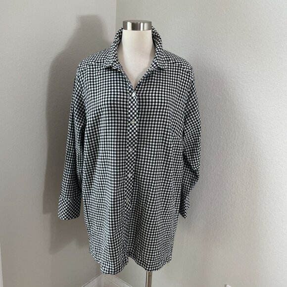 J Jill Womens Plus 2X Black White Gingham Button Up Shirt Long Sleeve Tunic Top - Picture 1 of 11